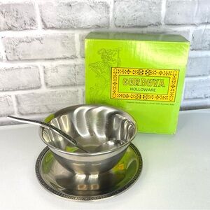 Vintage Cordova Holloware Stainless Steel Gravy Boat with Ladle Floral Etched